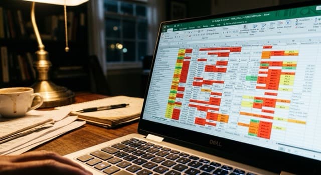 Close-up of a colour-coded Excel staff certification tracker open on a laptop in a dimly lit room - the kind of spreadsheet most NDIS providers quietly rely on until an audit catches what it missed.