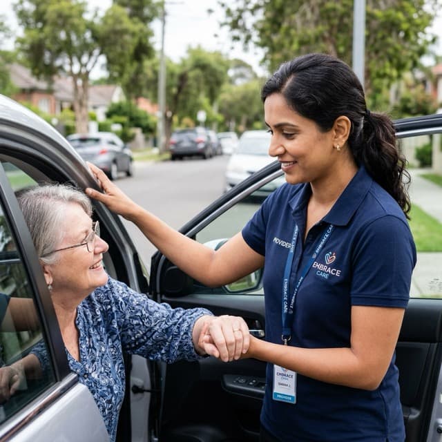 NDIS support worker in branded polo and lanyard helping an older participant out of a car on a suburban Australian street - the everyday delivery of disability supports.